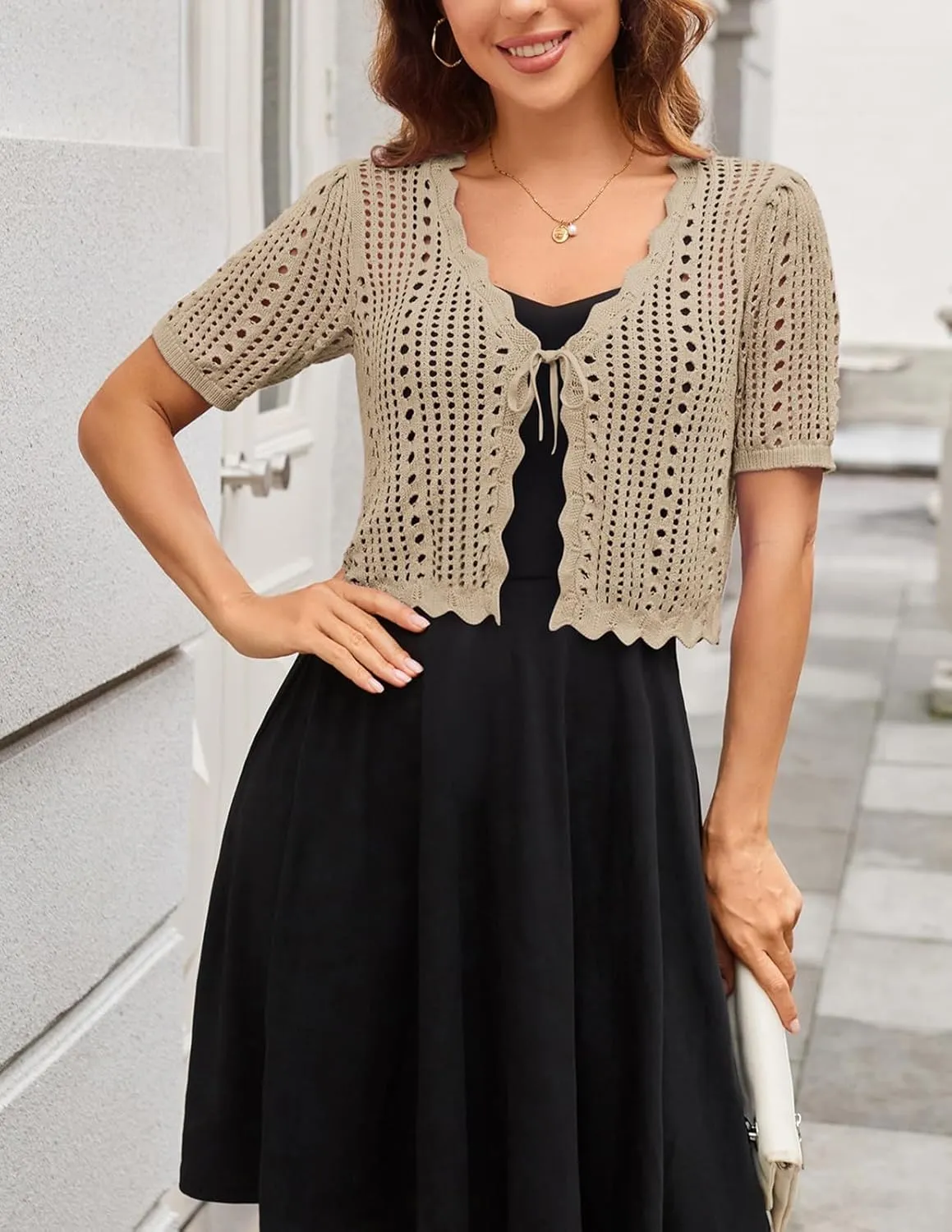 Kate Kasin Women Crochet Shrug Sweater Tie Front Knit Bolero Shrug for Dress Short Sleeve Cropped Cardigan