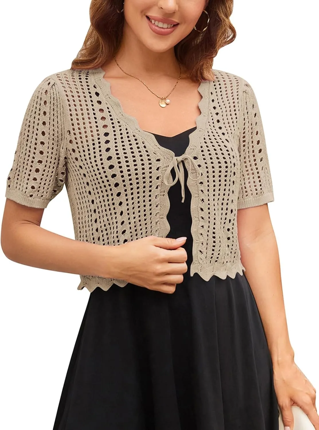 Kate Kasin Women Crochet Shrug Sweater Tie Front Knit Bolero Shrug for Dress Short Sleeve Cropped Cardigan
