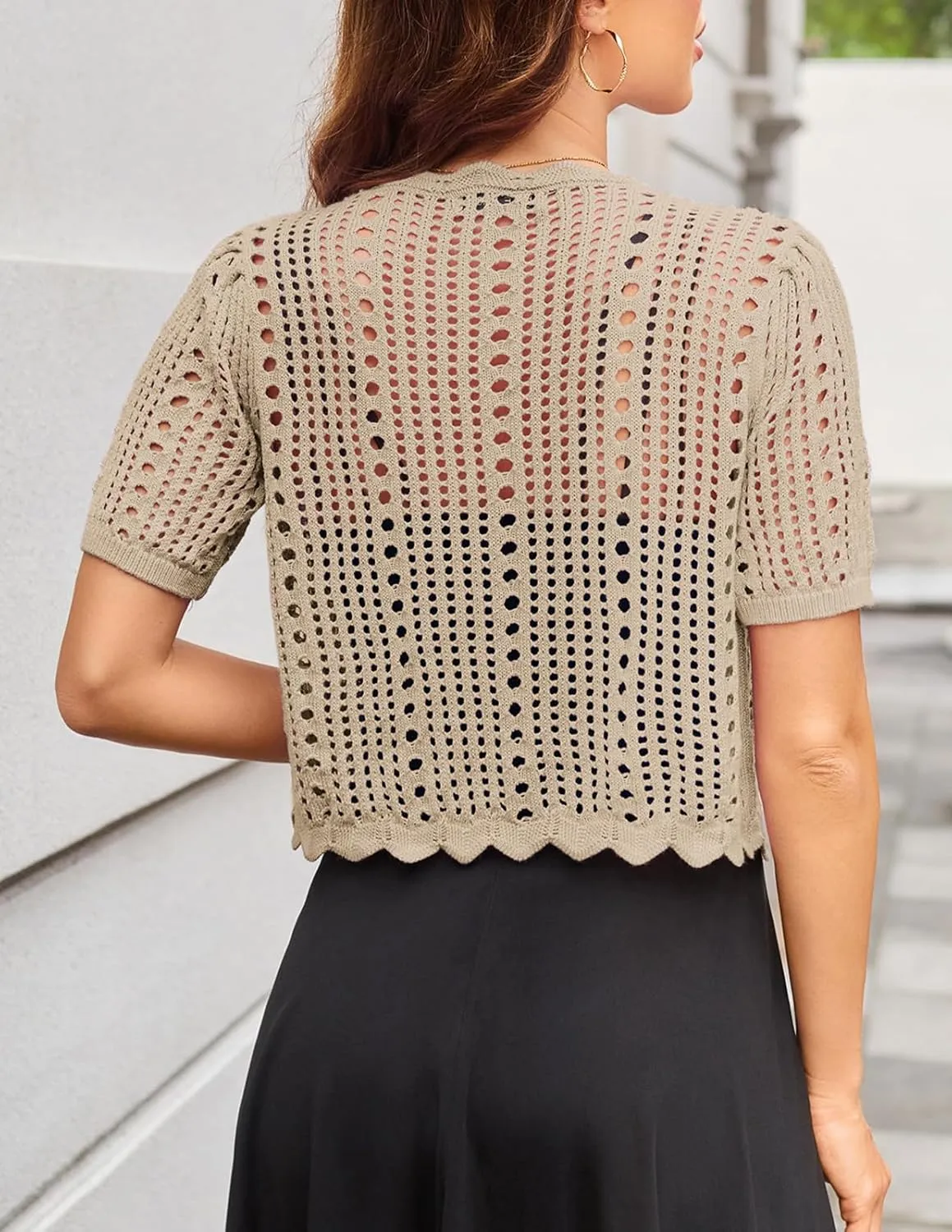 Kate Kasin Women Crochet Shrug Sweater Tie Front Knit Bolero Shrug for Dress Short Sleeve Cropped Cardigan
