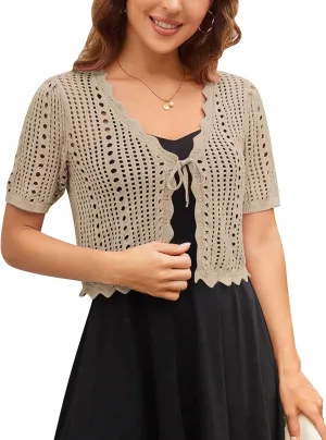 Kate Kasin Women Crochet Shrug Sweater Tie Front Knit Bolero Shrug for Dress Short Sleeve Cropped Cardigan