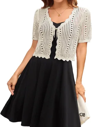 Kate Kasin Women Crochet Shrug Sweater Tie Front Knit Bolero Shrug for Dress Short Sleeve Cropped Cardigan
