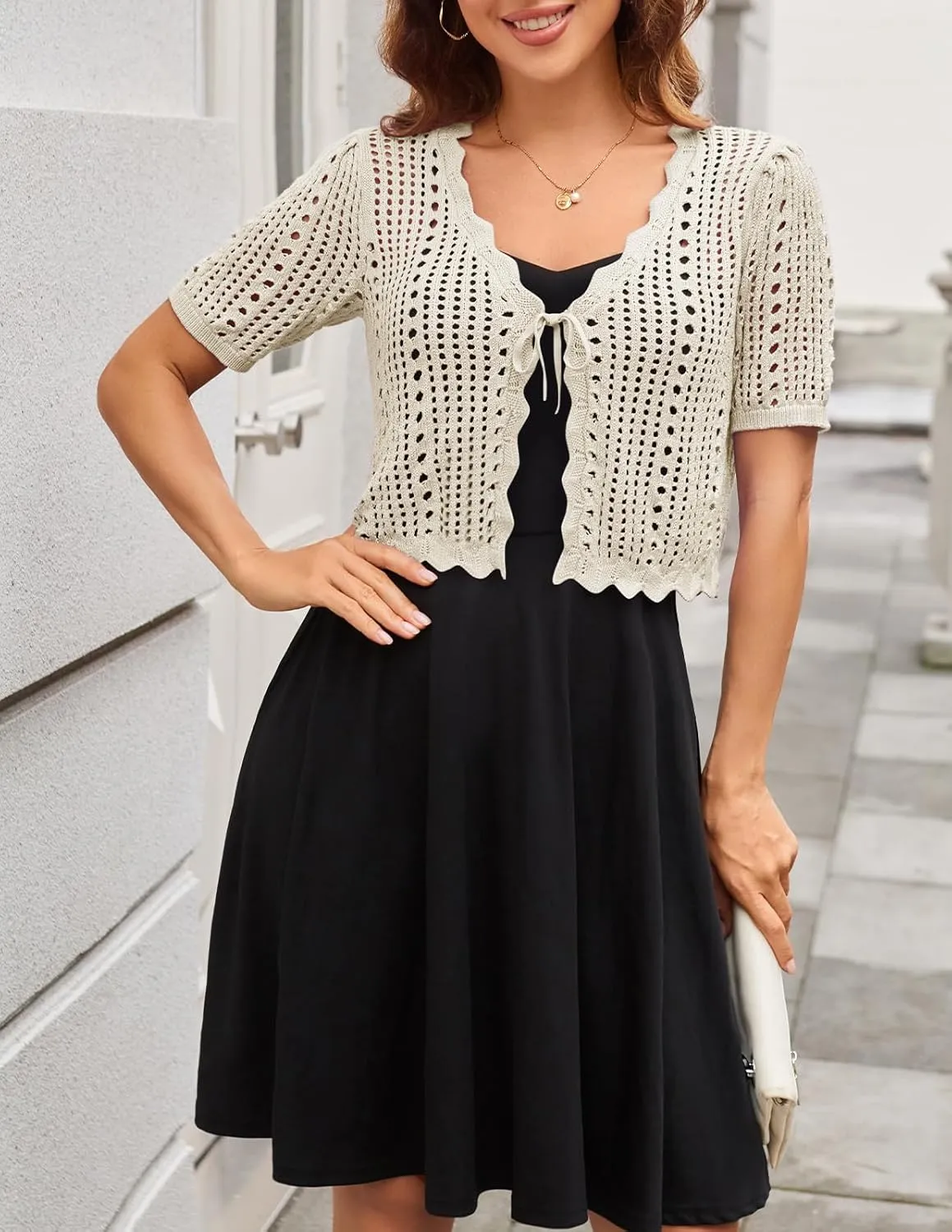 Kate Kasin Women Crochet Shrug Sweater Tie Front Knit Bolero Shrug for Dress Short Sleeve Cropped Cardigan