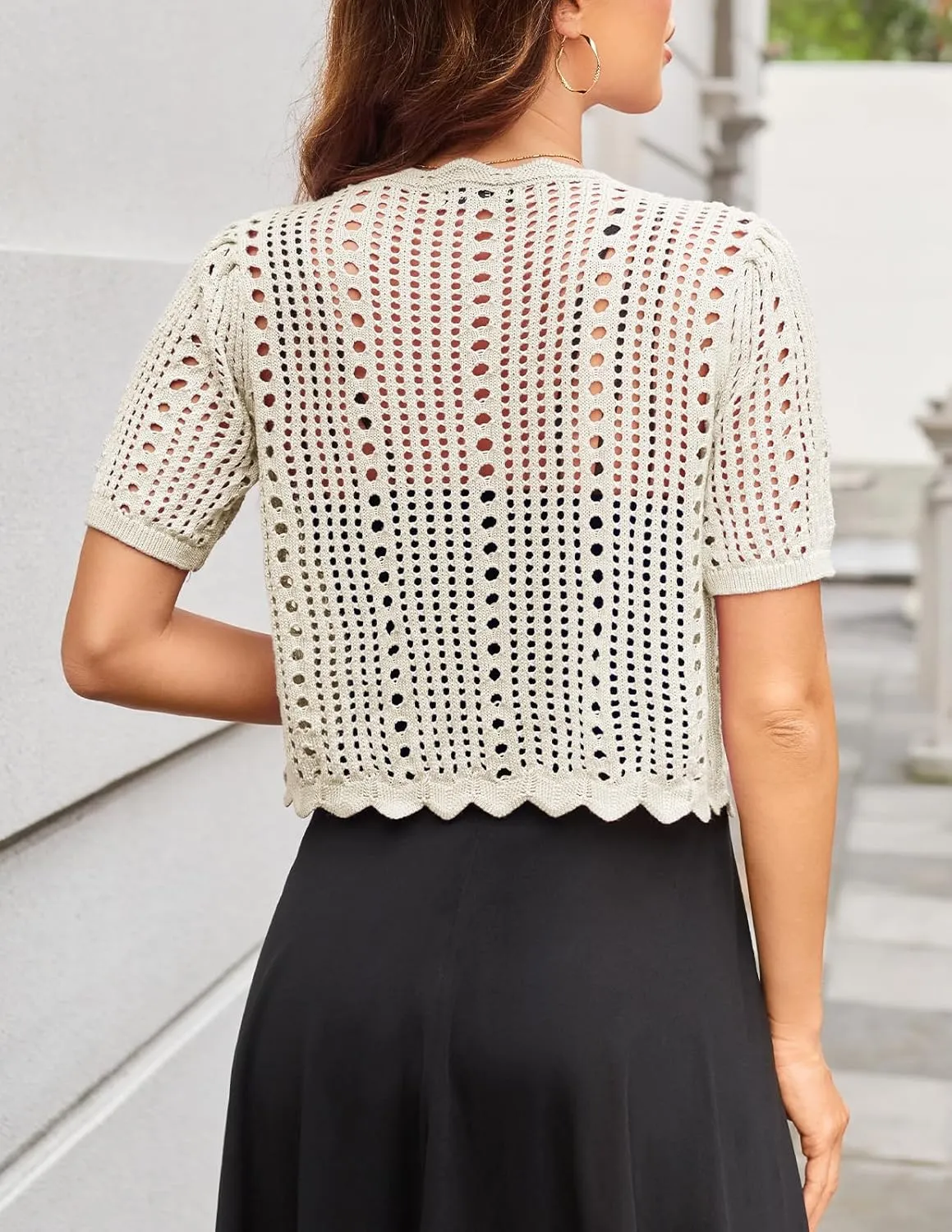 Kate Kasin Women Crochet Shrug Sweater Tie Front Knit Bolero Shrug for Dress Short Sleeve Cropped Cardigan