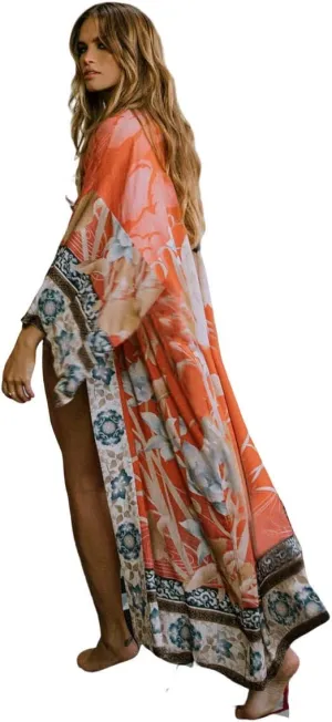 kimonos for women boho kimono robe Beach Coverups Womens Beach Blouses Loose Kimono Open Front Floral Print kimono Cardigan over sized kimono duster kimono robes with belt (528)