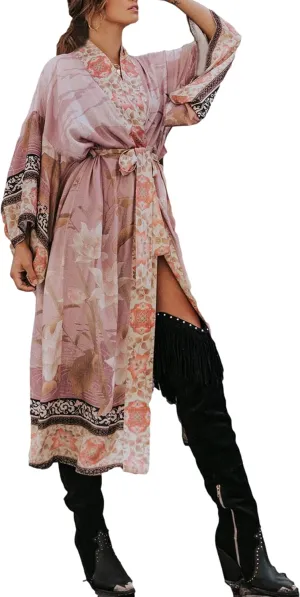 Kimonos womens open front kimono duster floral print kimono robe loose summer kimono cardigan belt fitted boho beach cover ups528-1 light purple