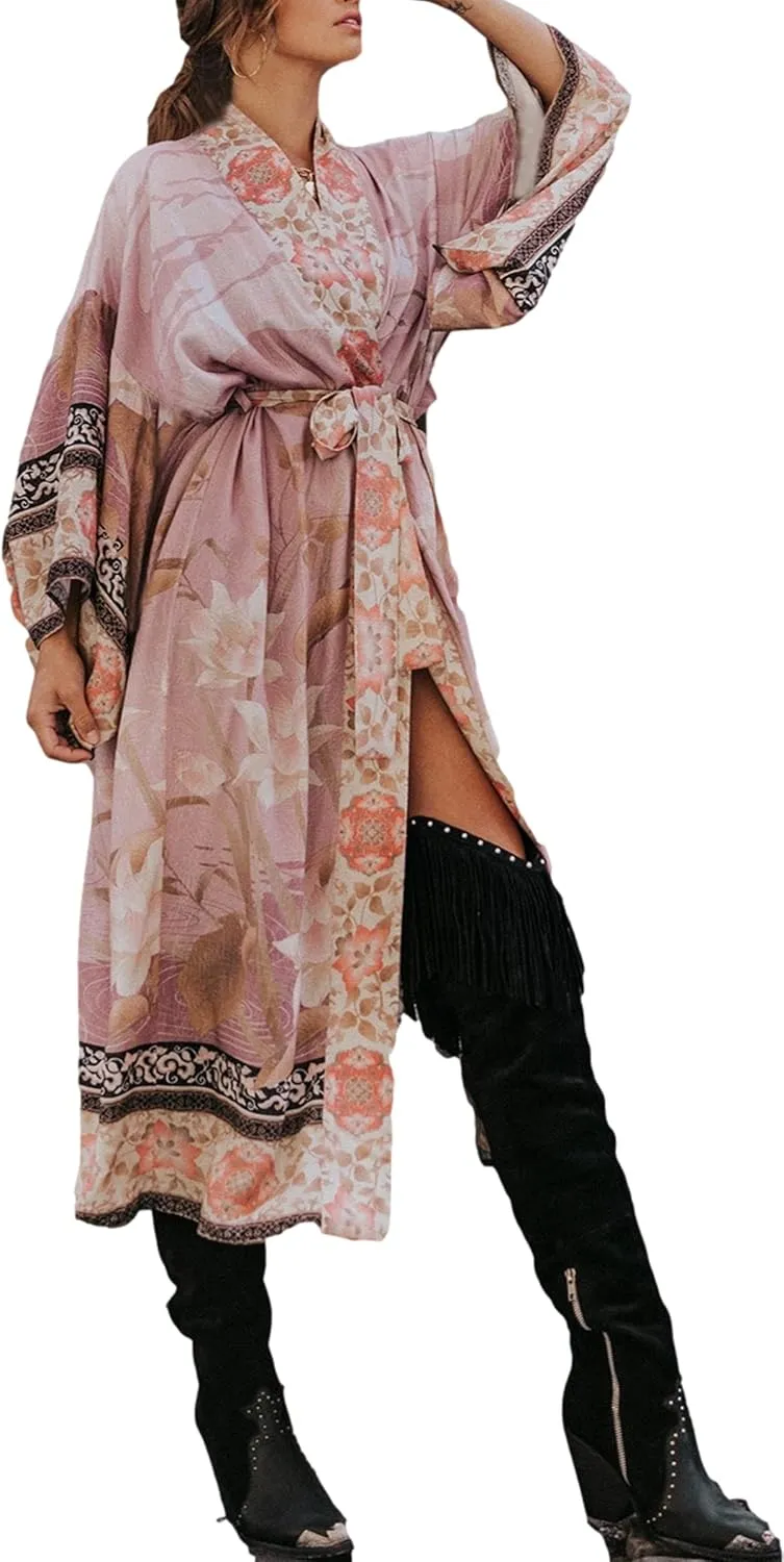 Kimonos womens open front kimono duster floral print kimono robe loose summer kimono cardigan belt fitted boho beach cover ups528-1 light purple