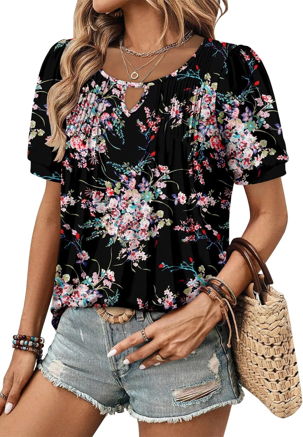 KISSMODA 2025 Womens Short Sleeves V Neck Floral Summer Tunic Top Woman Boho Tunics Tops