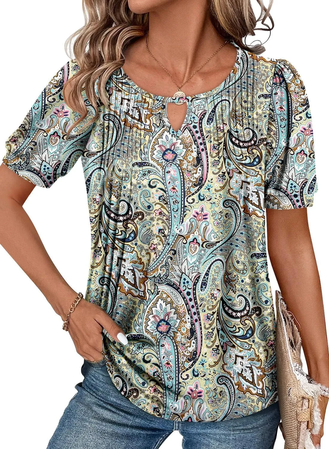 KISSMODA 2025 Womens Short Sleeves V Neck Floral Summer Tunic Top Woman Boho Tunics Tops