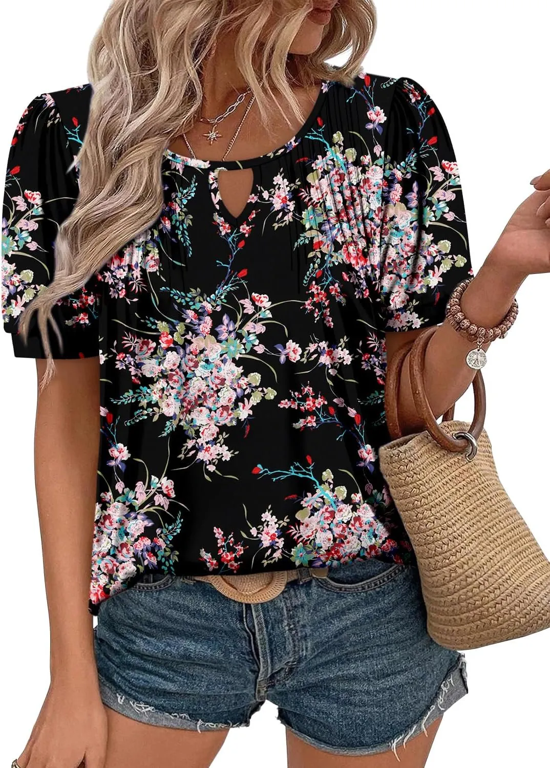 KISSMODA 2025 Womens Short Sleeves V Neck Floral Summer Tunic Top Woman Boho Tunics Tops
