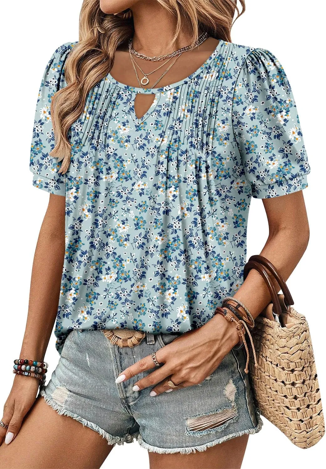 KISSMODA 2025 Womens Short Sleeves V Neck Floral Summer Tunic Top Woman Boho Tunics Tops