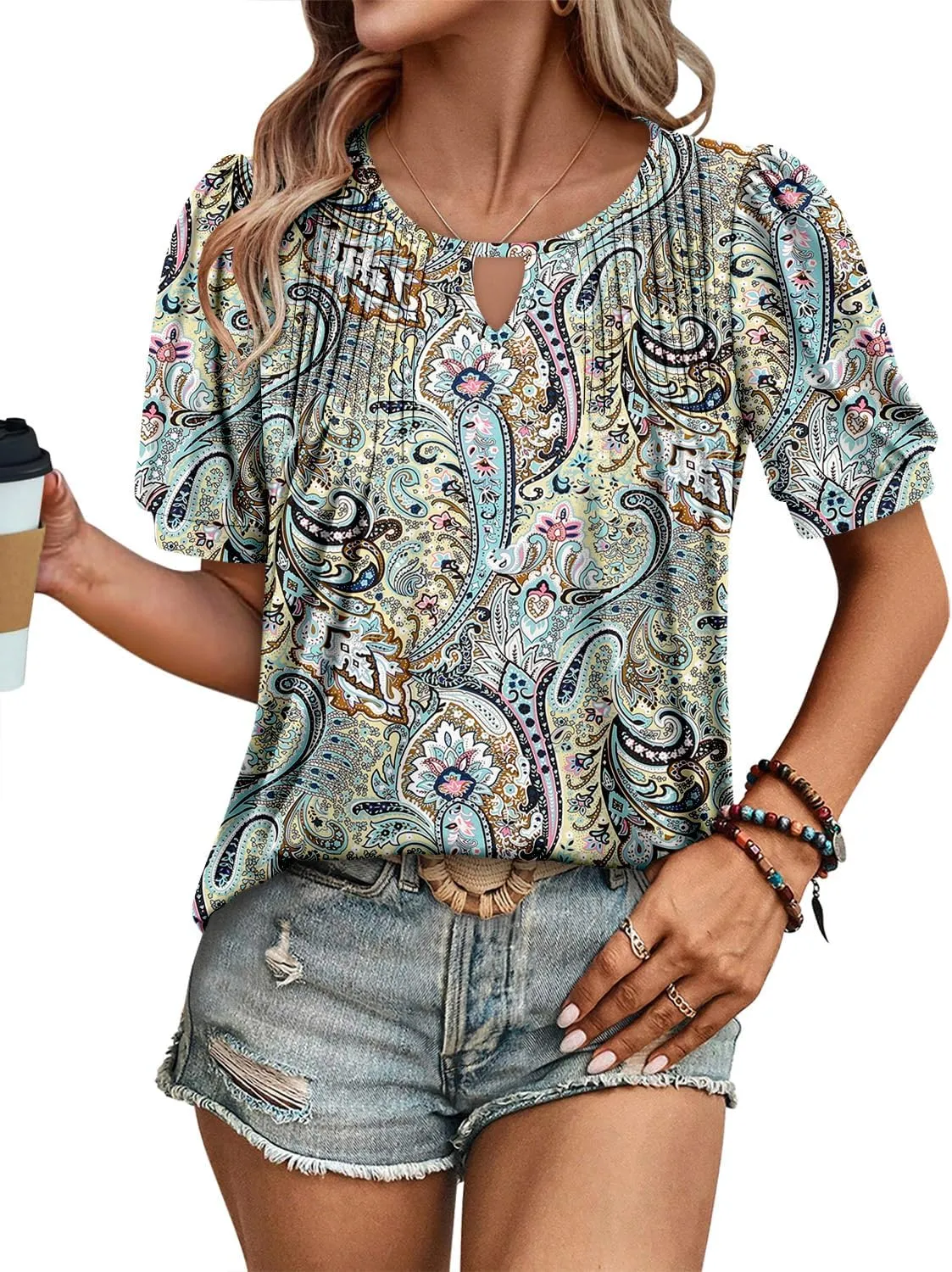 KISSMODA 2025 Womens Short Sleeves V Neck Floral Summer Tunic Top Woman Boho Tunics Tops