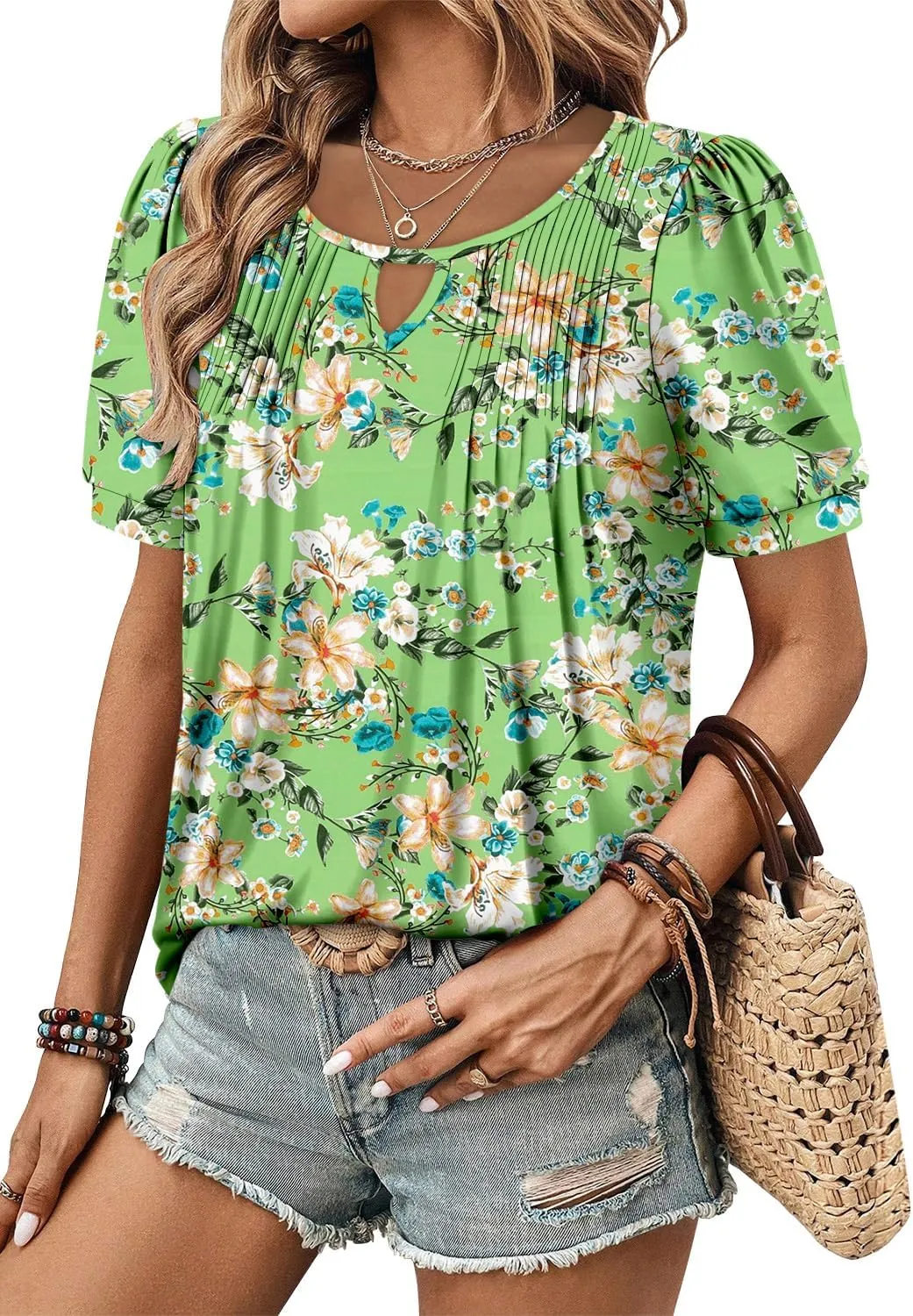 KISSMODA 2025 Womens Short Sleeves V Neck Floral Summer Tunic Top Woman Boho Tunics Tops