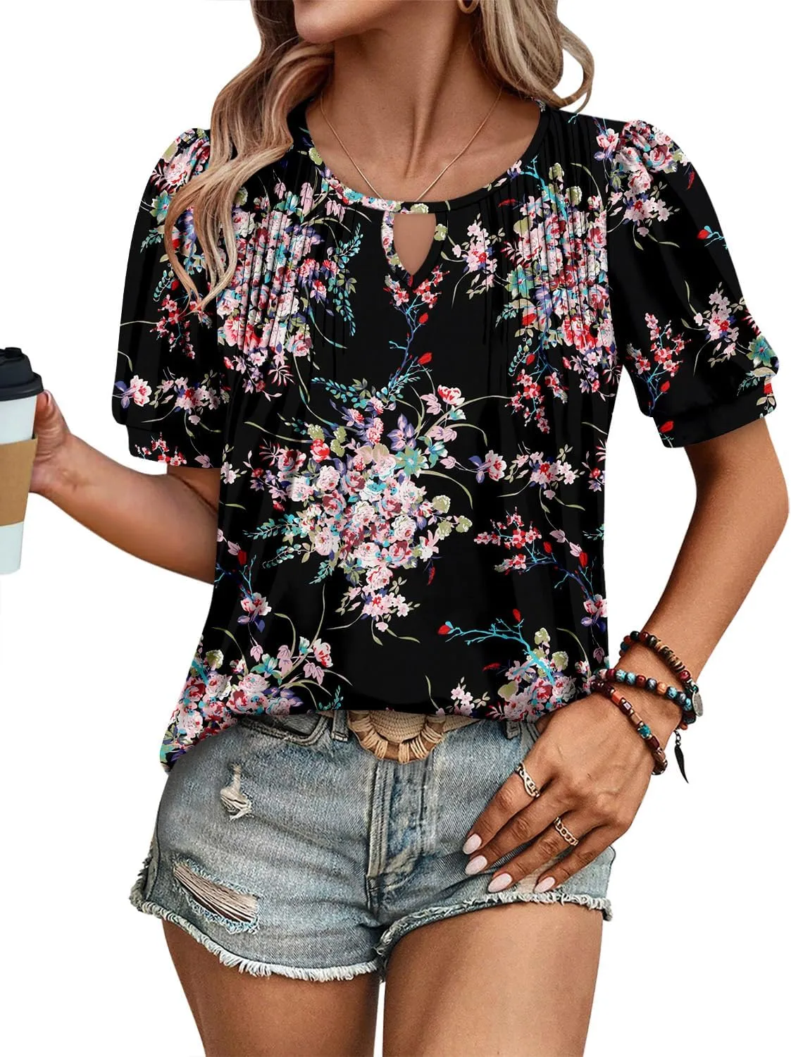 KISSMODA 2025 Womens Short Sleeves V Neck Floral Summer Tunic Top Woman Boho Tunics Tops