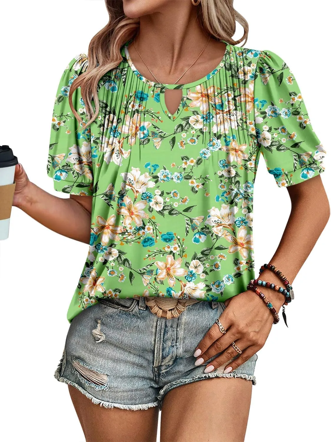 KISSMODA 2025 Womens Short Sleeves V Neck Floral Summer Tunic Top Woman Boho Tunics Tops