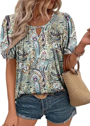KISSMODA 2025 Womens Short Sleeves V Neck Floral Summer Tunic Top Woman Boho Tunics Tops