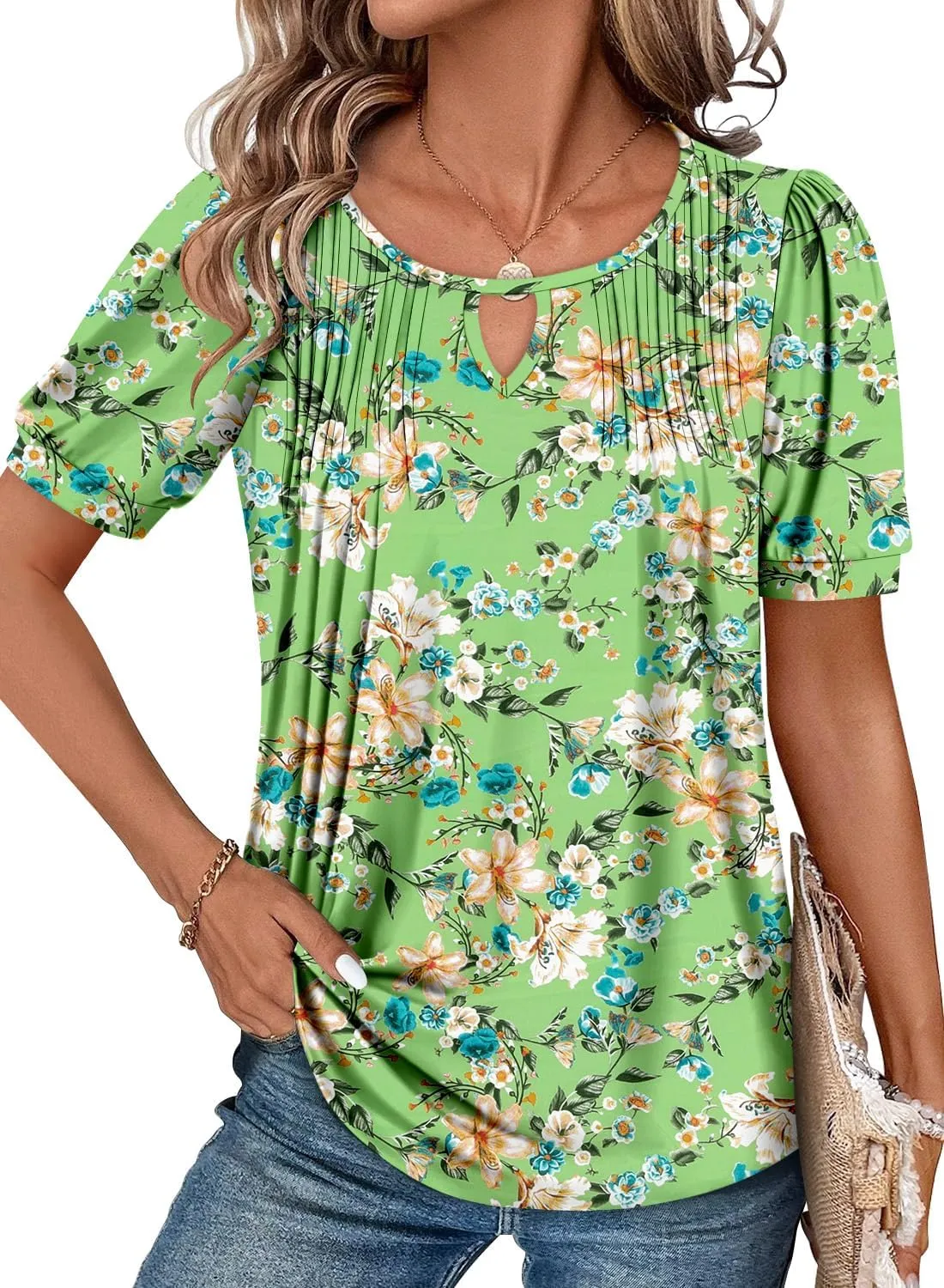 KISSMODA 2025 Womens Short Sleeves V Neck Floral Summer Tunic Top Woman Boho Tunics Tops