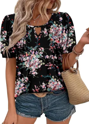 KISSMODA 2025 Womens Short Sleeves V Neck Floral Summer Tunic Top Woman Boho Tunics Tops