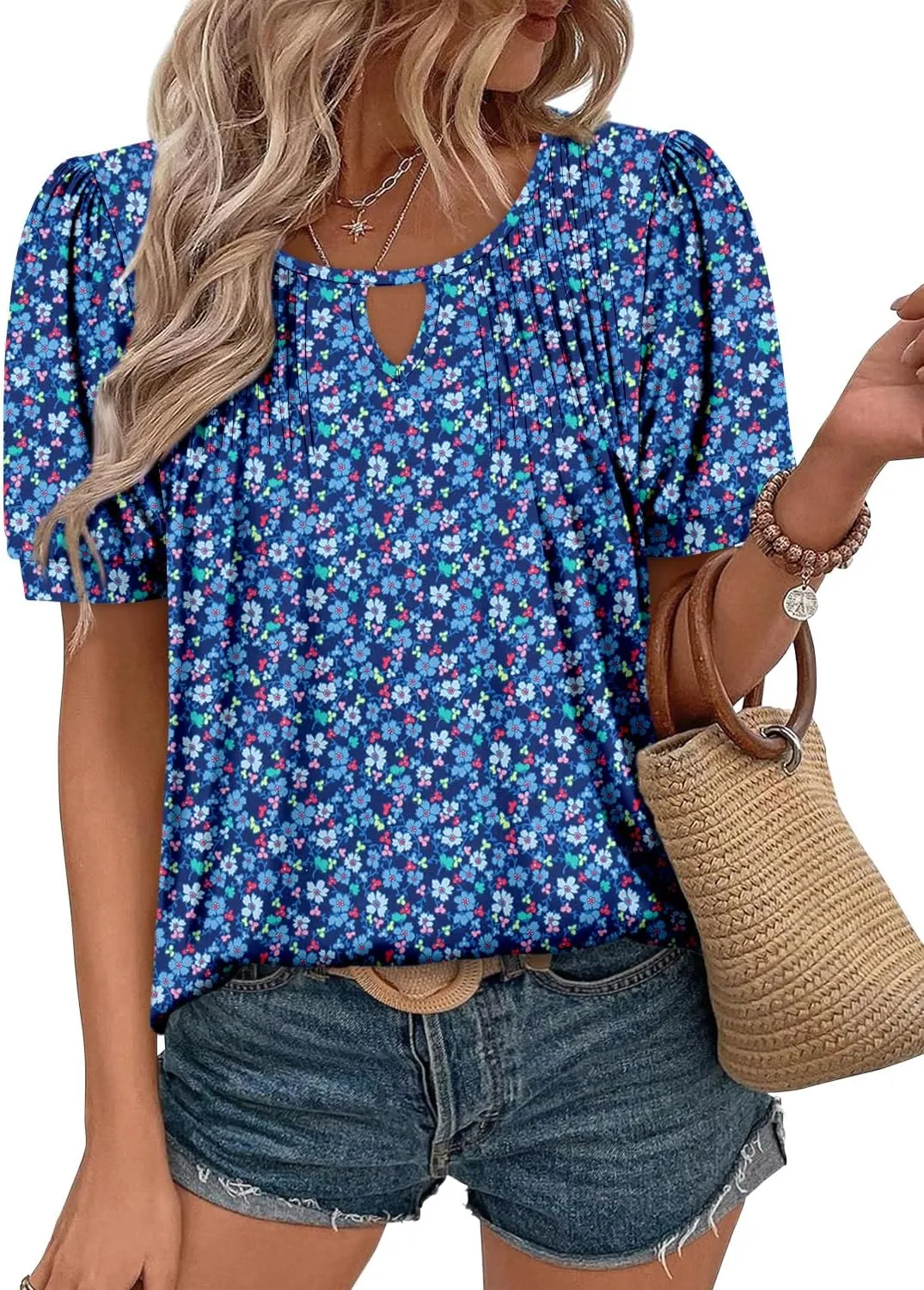 KISSMODA 2025 Womens Short Sleeves V Neck Floral Summer Tunic Top Woman Boho Tunics Tops