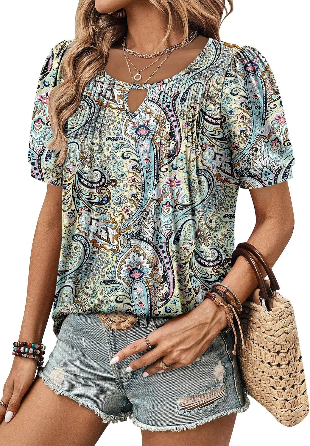 KISSMODA 2025 Womens Short Sleeves V Neck Floral Summer Tunic Top Woman Boho Tunics Tops