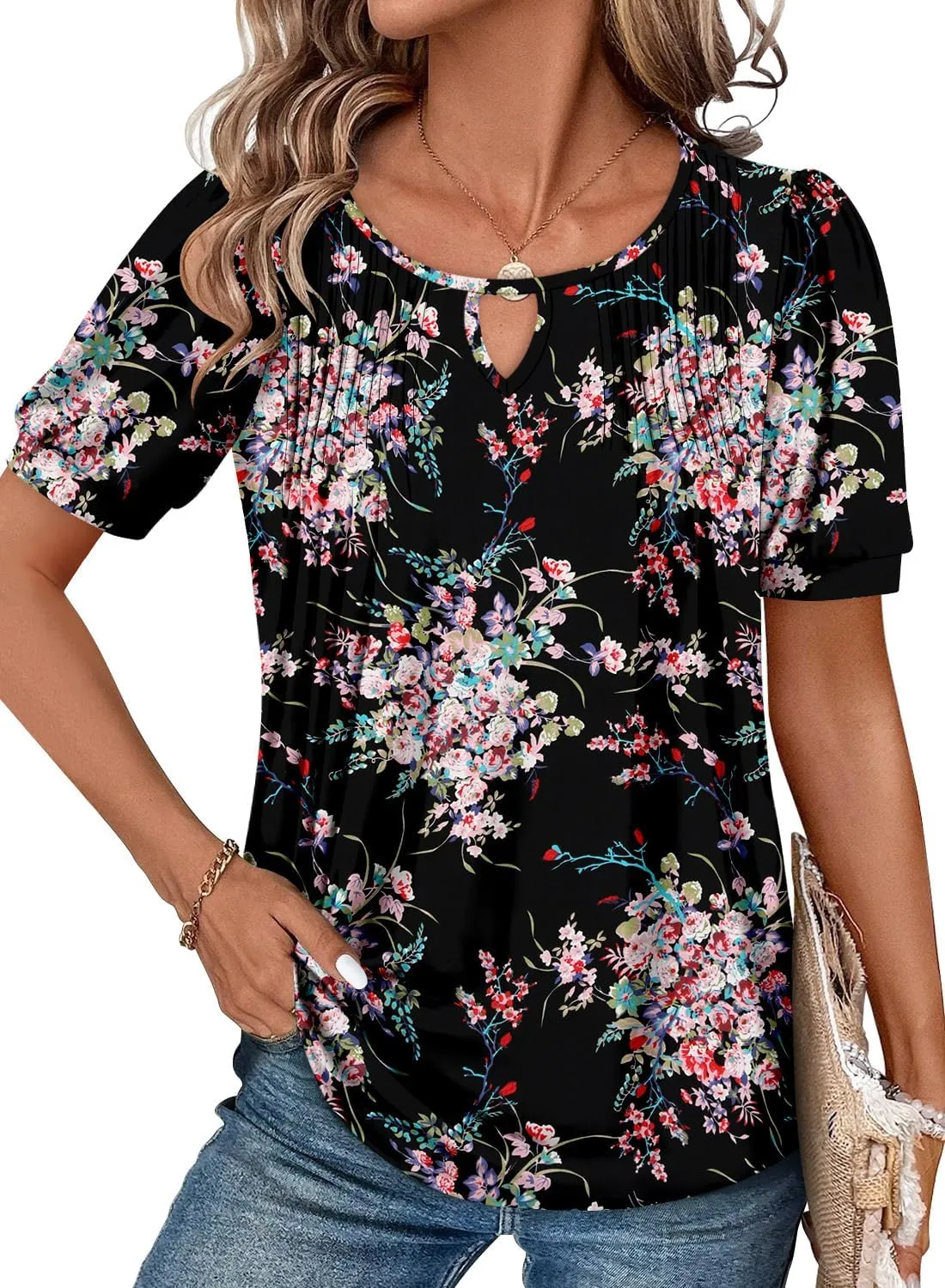 KISSMODA 2025 Womens Short Sleeves V Neck Floral Summer Tunic Top Woman Boho Tunics Tops