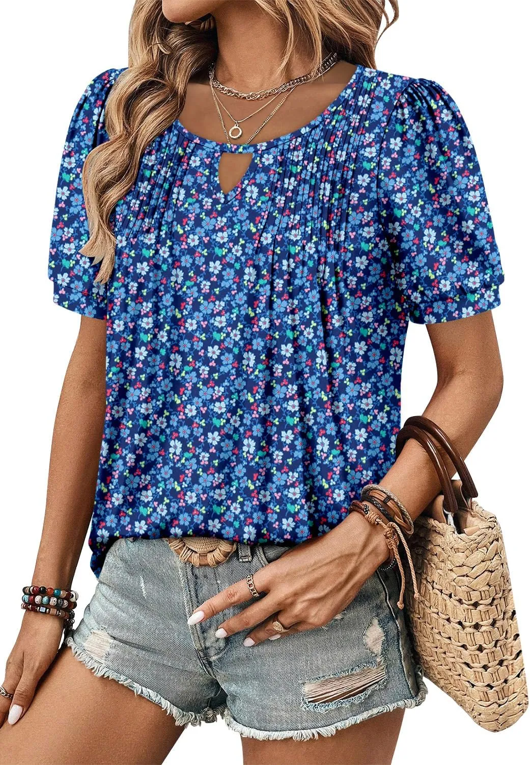 KISSMODA 2025 Womens Short Sleeves V Neck Floral Summer Tunic Top Woman Boho Tunics Tops
