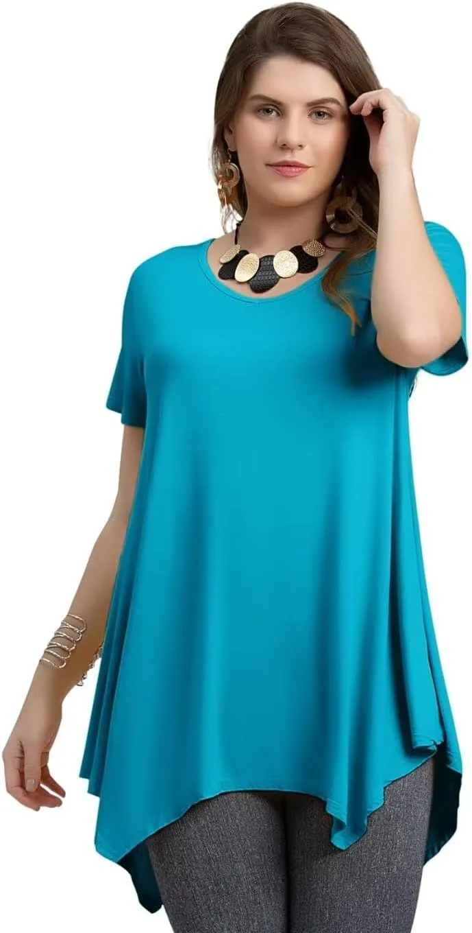 LARACE Plus Size Tops for Womens Summer Clothes Short Sleeve Shirts Casual V Neck Tunic Asymmetrical Blouses