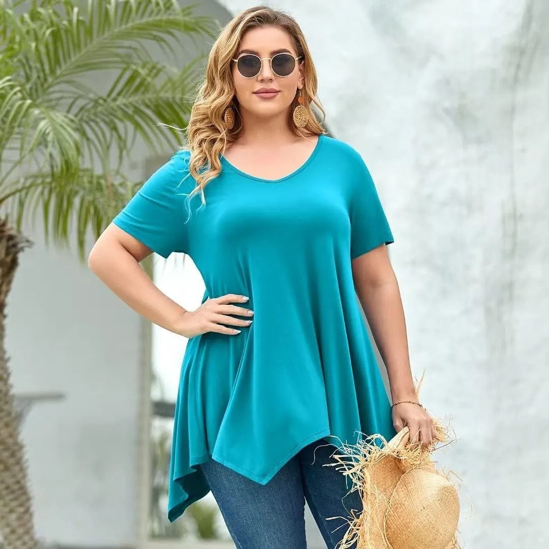 LARACE Plus Size Tops for Womens Summer Clothes Short Sleeve Shirts Casual V Neck Tunic Asymmetrical Blouses