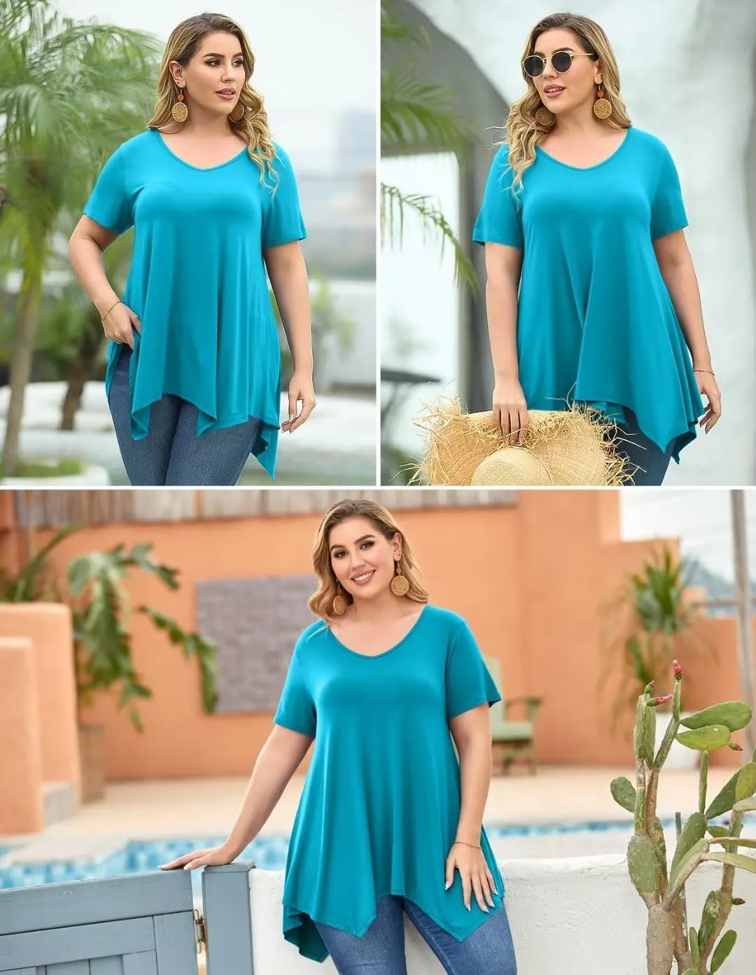 LARACE Plus Size Tops for Womens Summer Clothes Short Sleeve Shirts Casual V Neck Tunic Asymmetrical Blouses