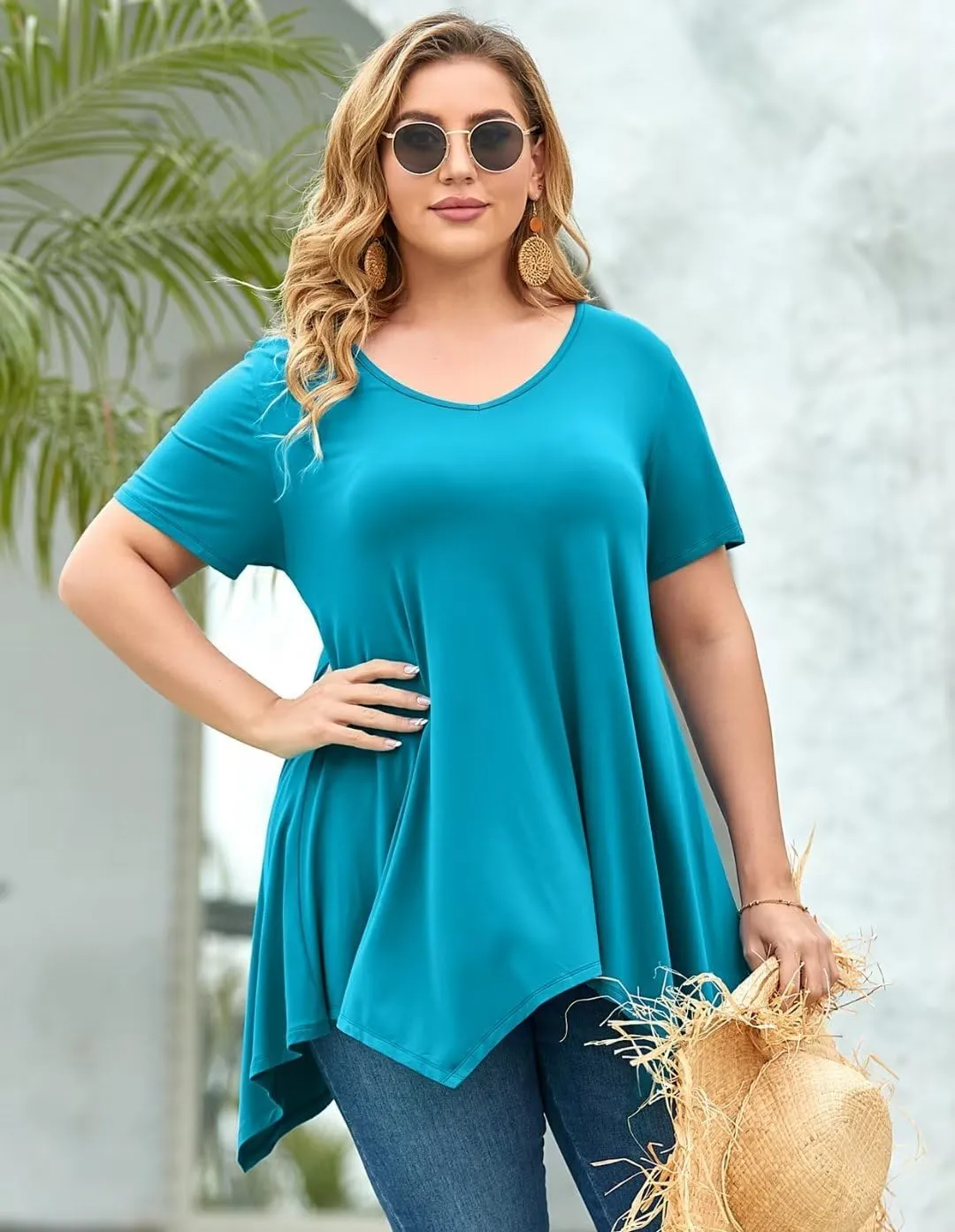 LARACE Plus Size Tops for Womens Summer Clothes Short Sleeve Shirts Casual V Neck Tunic Asymmetrical Blouses