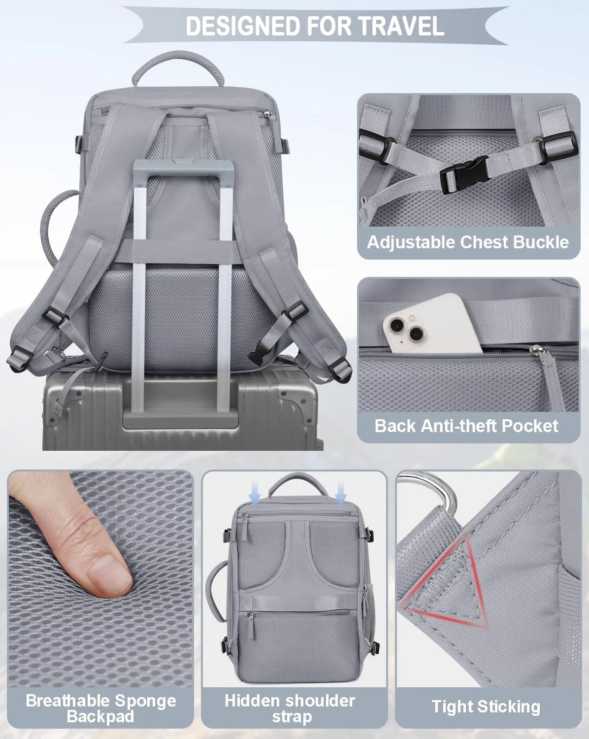 Large Travel Backpack, Carry On Backpack for Men Women, 17 Inch Laptop Backpack,40L Waterproof Backpack Airline Approved, Person Item Bag (Dark grey)