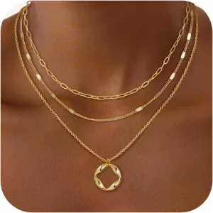 Layered Gold Necklaces for Women, 18K Real Gold Plated Gold Layered Disc Circle Pearl Pendant Necklace Choker Necklace Set Jewelry Gifts for Women
