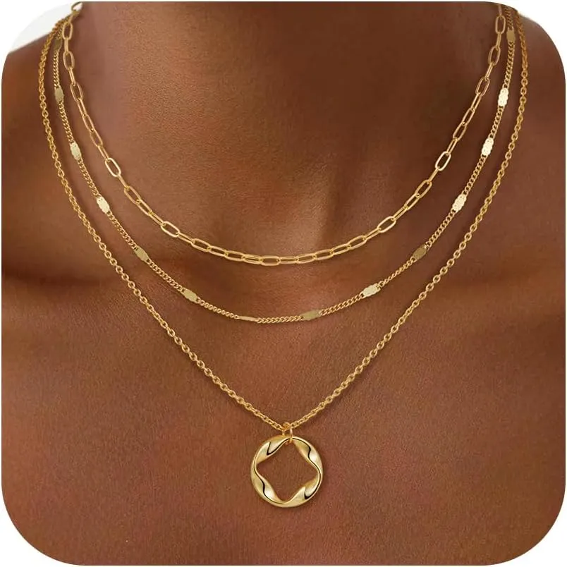 Layered Gold Necklaces for Women, 18K Real Gold Plated Gold Layered Disc Circle Pearl Pendant Necklace Choker Necklace Set Jewelry Gifts for Women