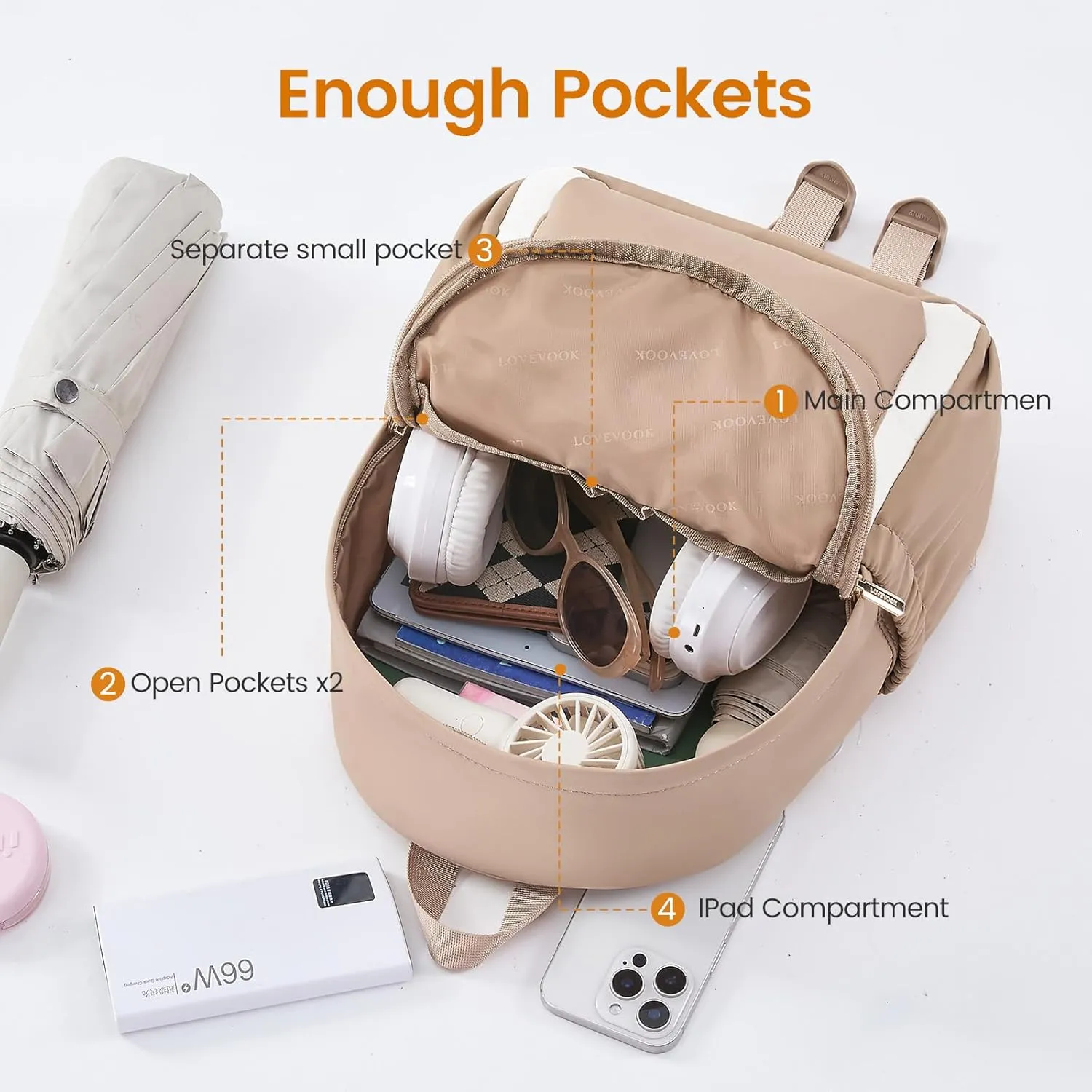 LOVEVOOK Mini Backpack Purse for Women, Small Puffer Lightweight Backpack, Casual Daily Daypack Purse for Women, Cute bag with Anti-theft Pocket for Travel-Khaki and Beige