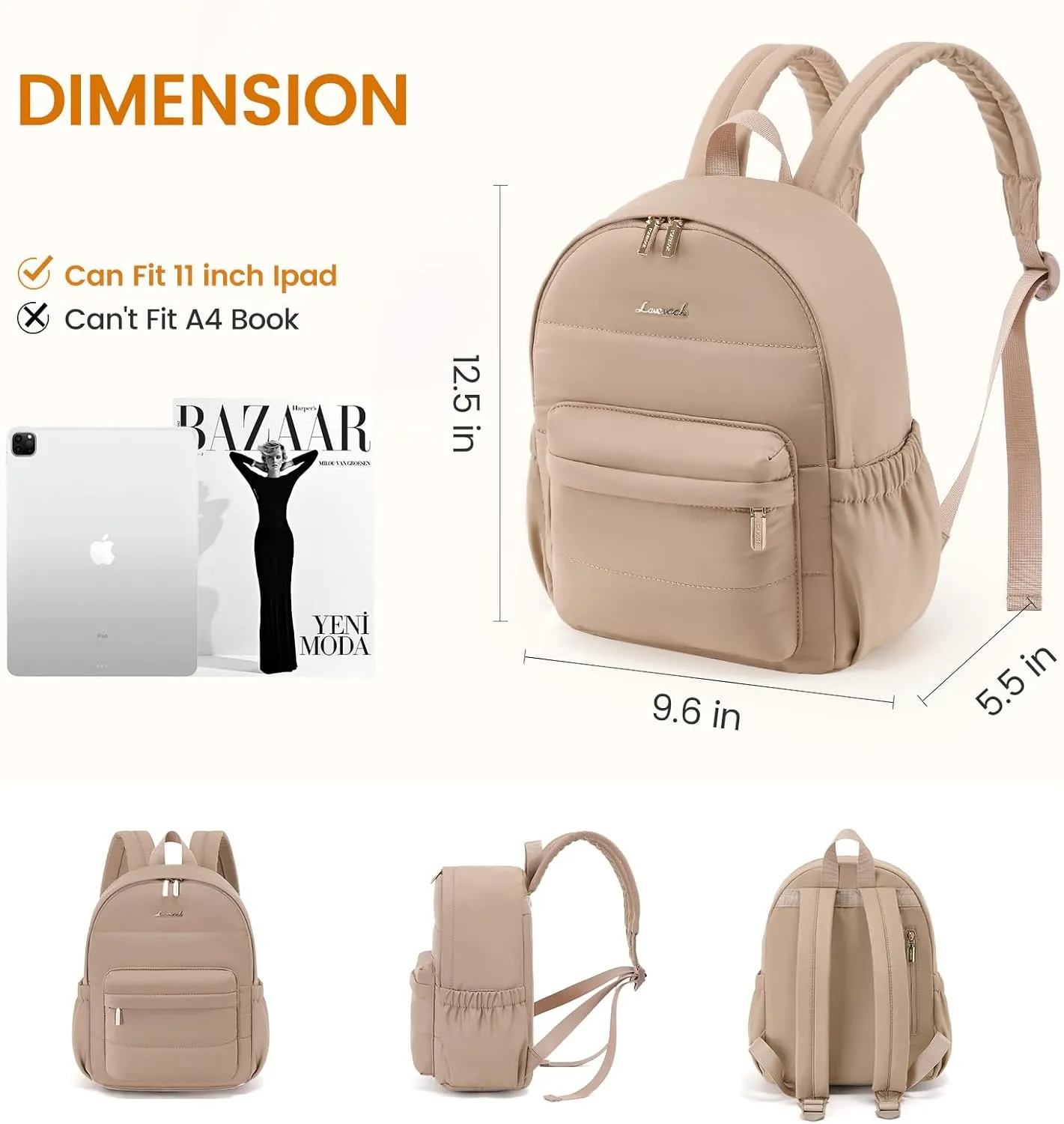 LOVEVOOK Mini Backpack Purse for Women, Small Puffer Lightweight Backpack, Casual Daily Daypack Purse for Women, Cute bag with Anti-theft Pocket for Travel-Khaki