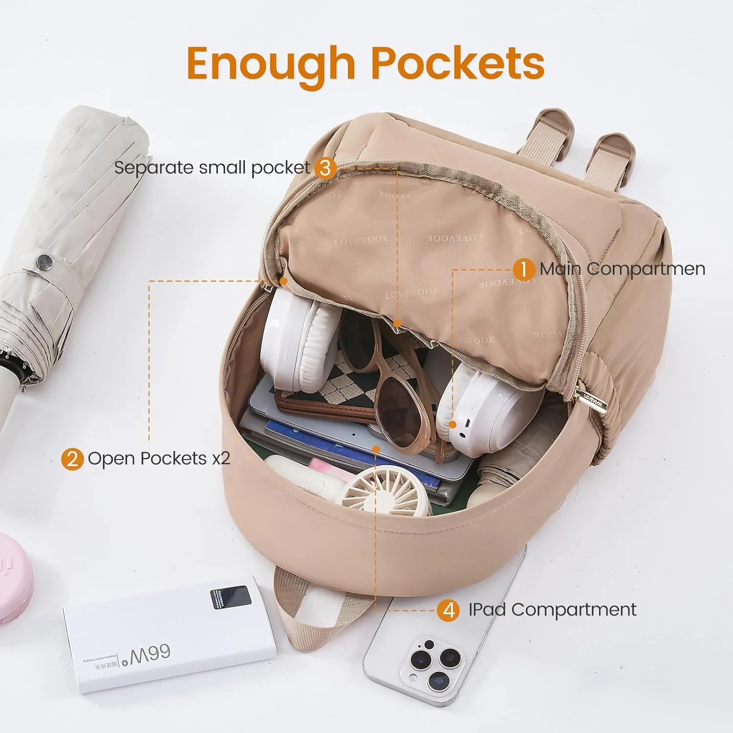 LOVEVOOK Mini Backpack Purse for Women, Small Puffer Lightweight Backpack, Casual Daily Daypack Purse for Women, Cute bag with Anti-theft Pocket for Travel-Khaki