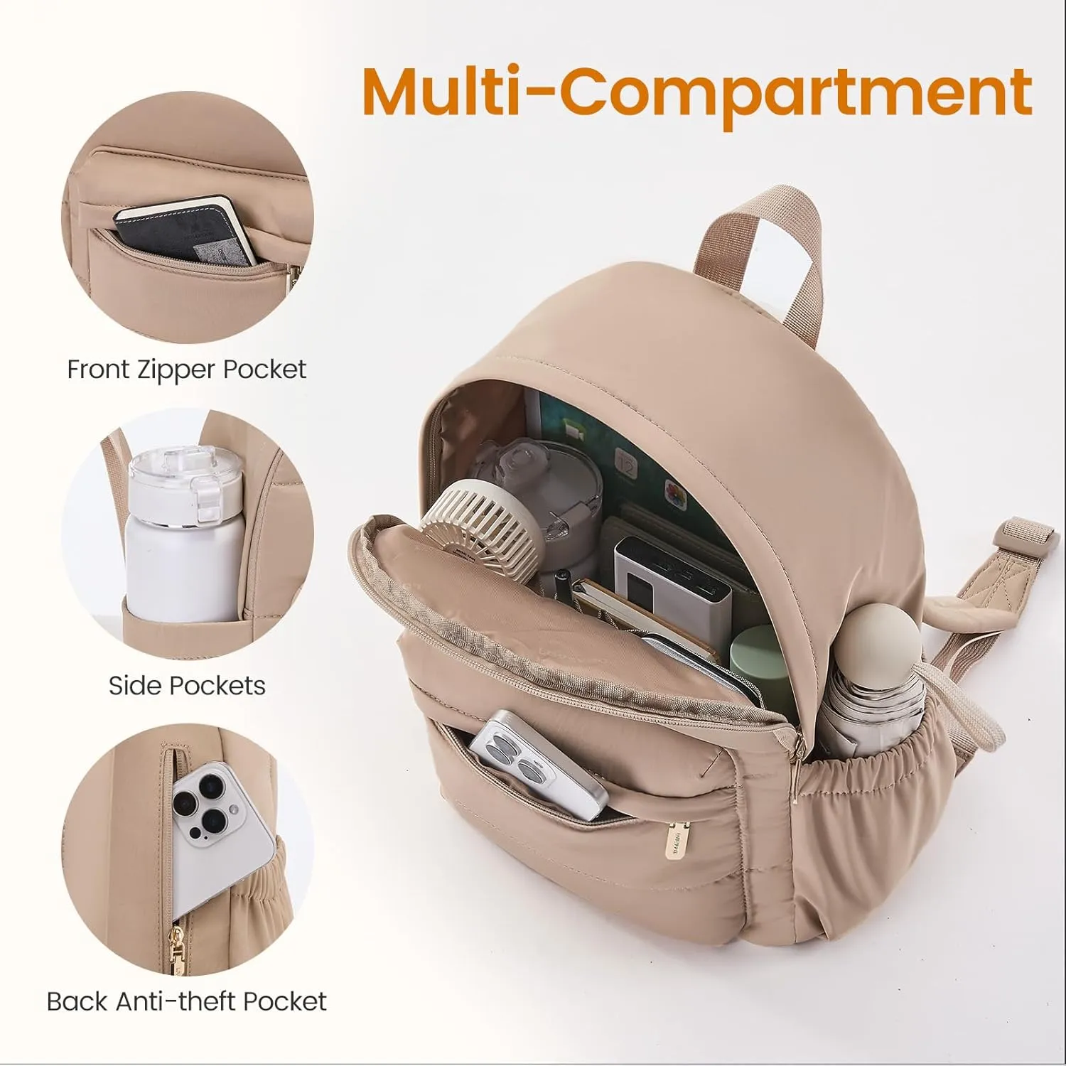 LOVEVOOK Mini Backpack Purse for Women, Small Puffer Lightweight Backpack, Casual Daily Daypack Purse for Women, Cute bag with Anti-theft Pocket for Travel-Khaki