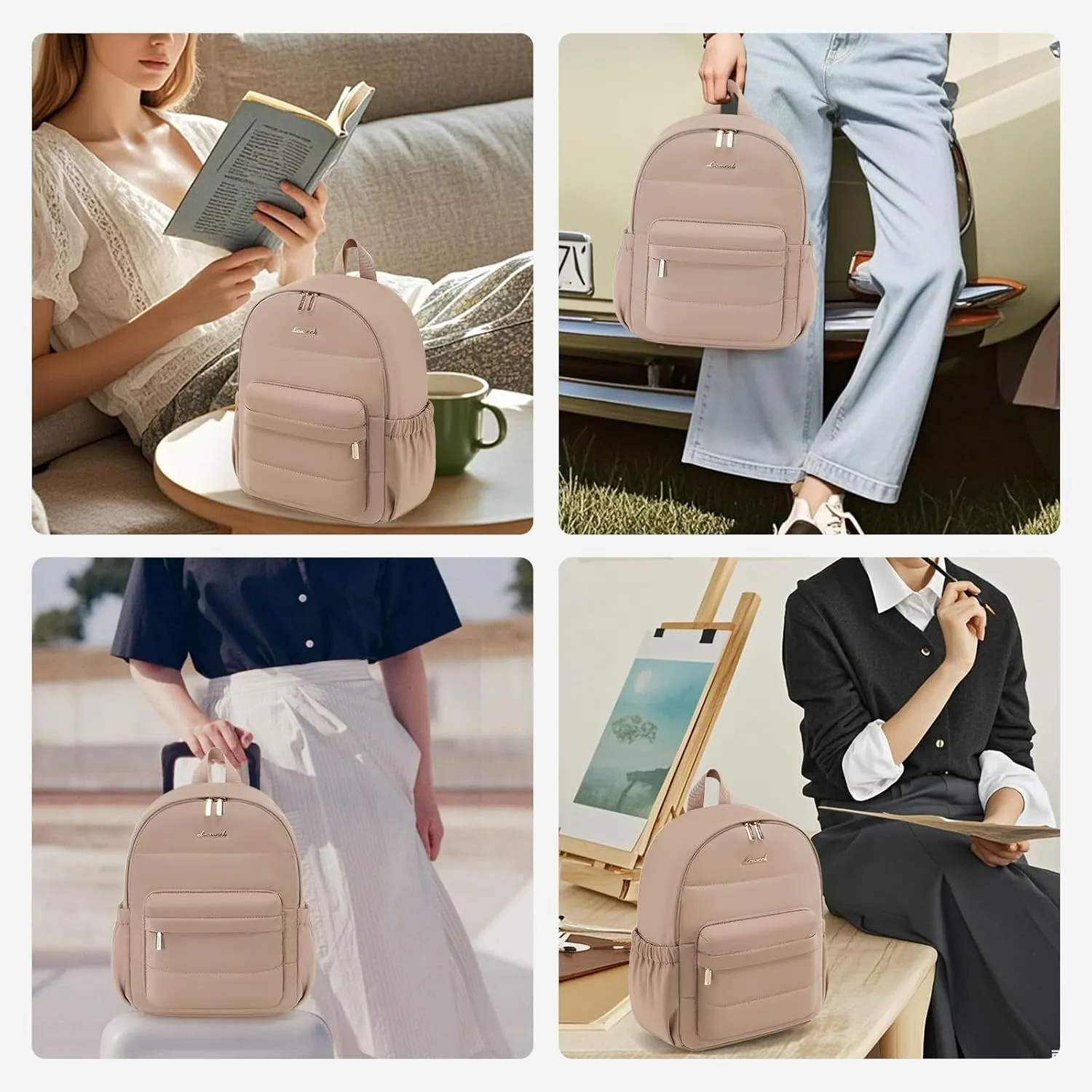 LOVEVOOK Mini Backpack Purse for Women, Small Puffer Lightweight Backpack, Casual Daily Daypack Purse for Women, Cute bag with Anti-theft Pocket for Travel-Khaki