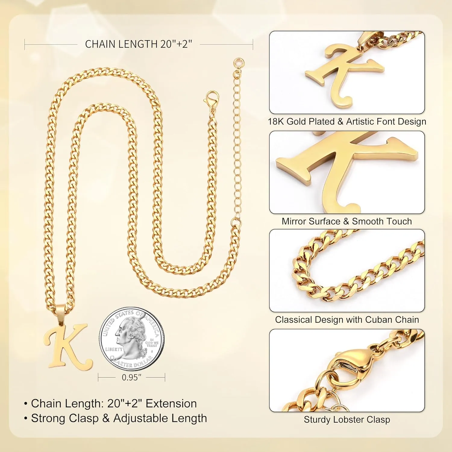 LUXEJEW Initial A-Z Letter Necklace for Men Boys Women, Stainless Steel Cuban Link Chain Letter Pendant Necklaces Capital Monogram Necklace Jewelry Gifts for Men 20 2 Inches