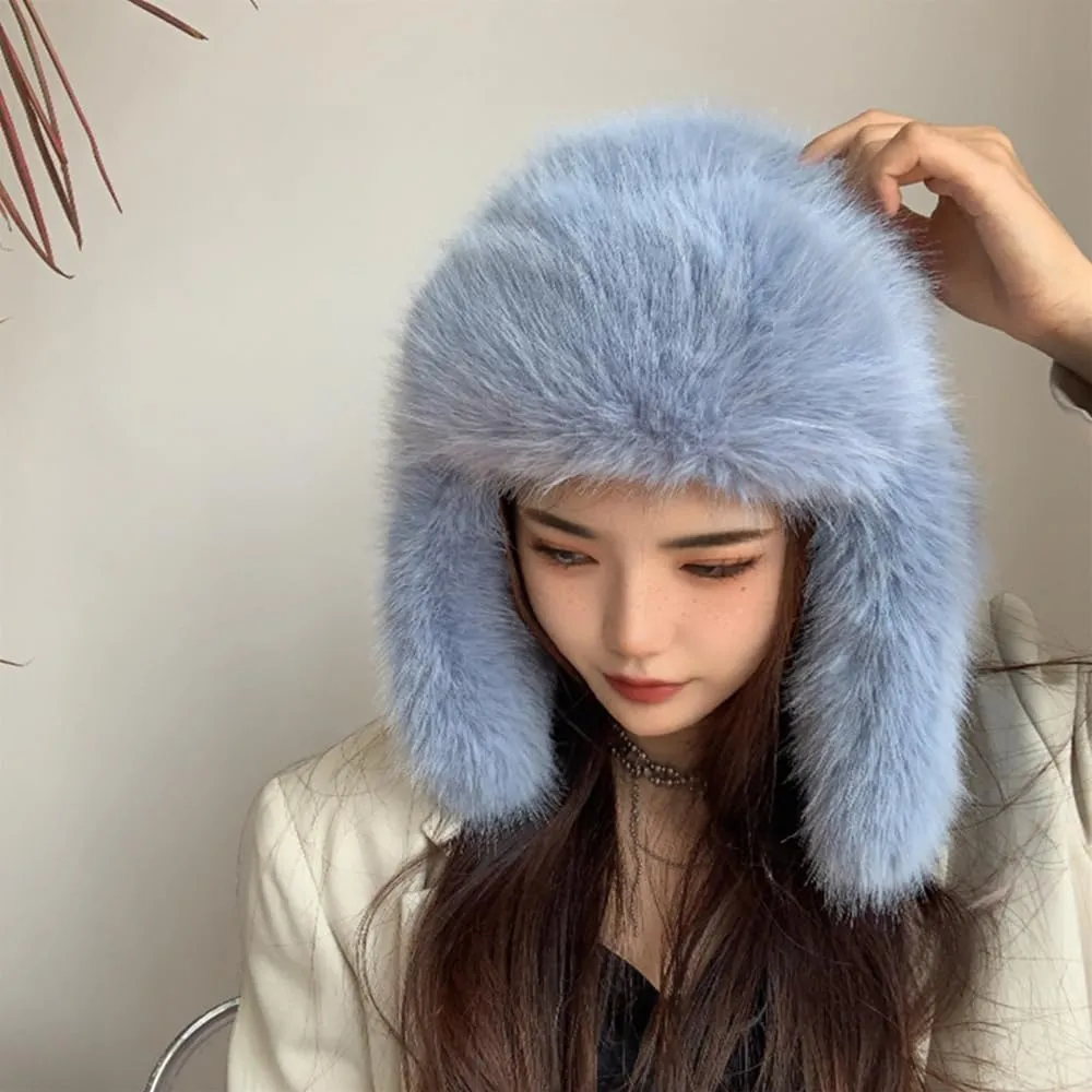 Luxurious Faux Mink Fur Ladies Trapper HatPure Color Simplistic Womens Winter HatFurry Ushanka Warm Hat