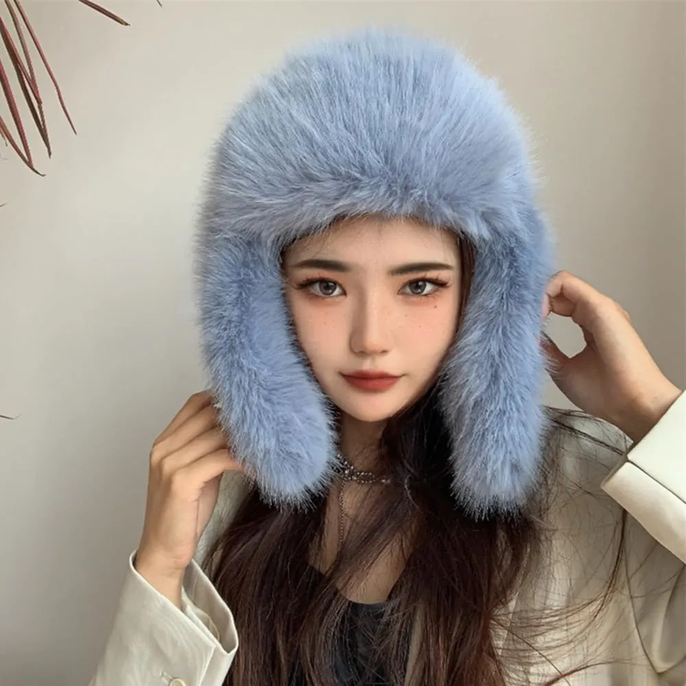 Luxurious Faux Mink Fur Ladies Trapper HatPure Color Simplistic Womens Winter HatFurry Ushanka Warm Hat
