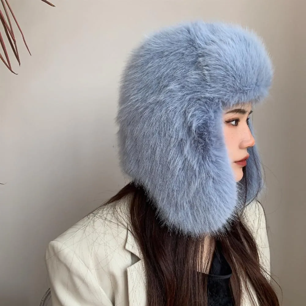 Luxurious Faux Mink Fur Ladies Trapper HatPure Color Simplistic Womens Winter HatFurry Ushanka Warm Hat