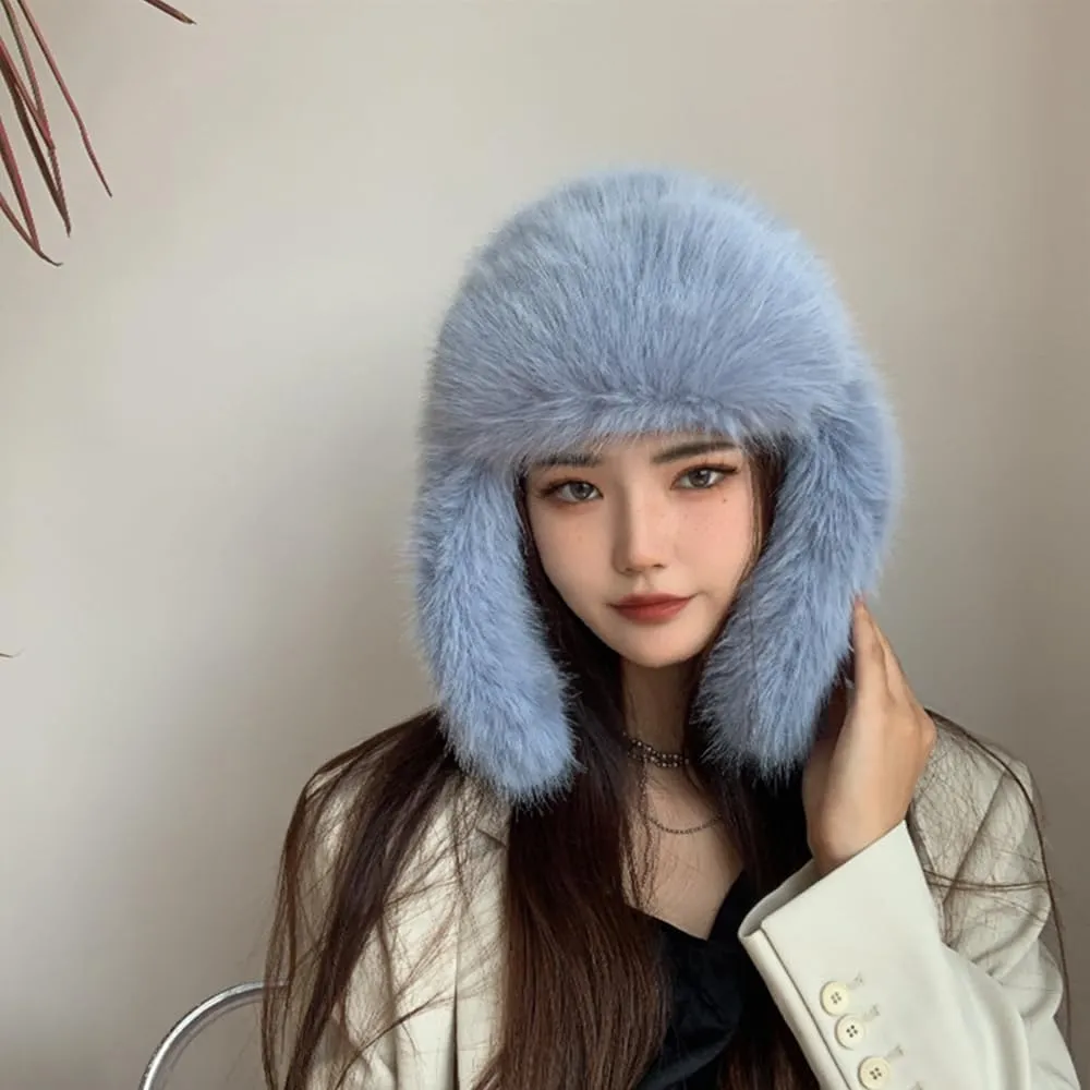 Luxurious Faux Mink Fur Ladies Trapper HatPure Color Simplistic Womens Winter HatFurry Ushanka Warm Hat
