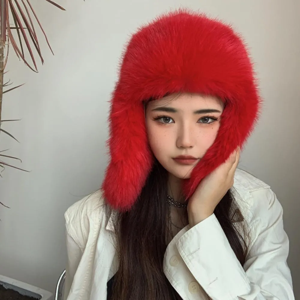 Luxurious Faux Mink Fur Ladies Trapper HatPure Color Simplistic Womens Winter HatFurry Ushanka Warm Hat