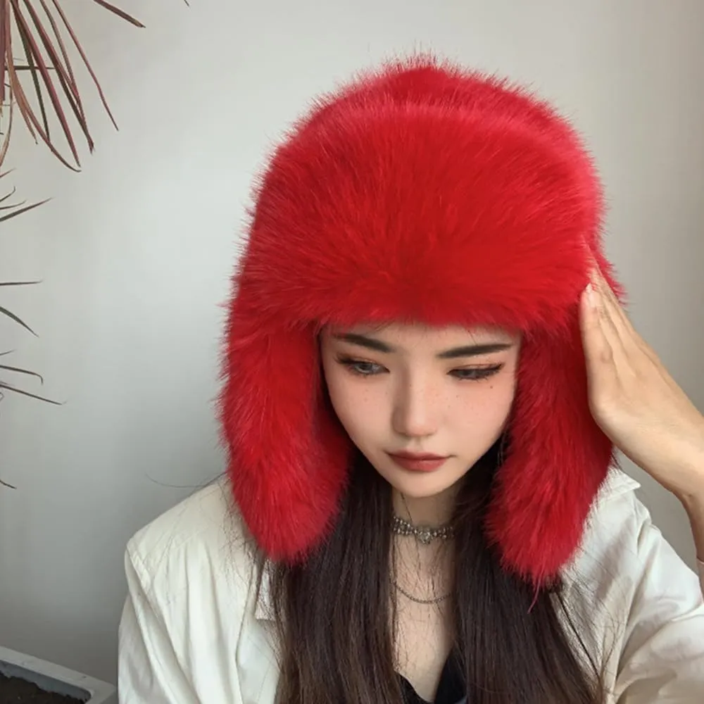 Luxurious Faux Mink Fur Ladies Trapper HatPure Color Simplistic Womens Winter HatFurry Ushanka Warm Hat