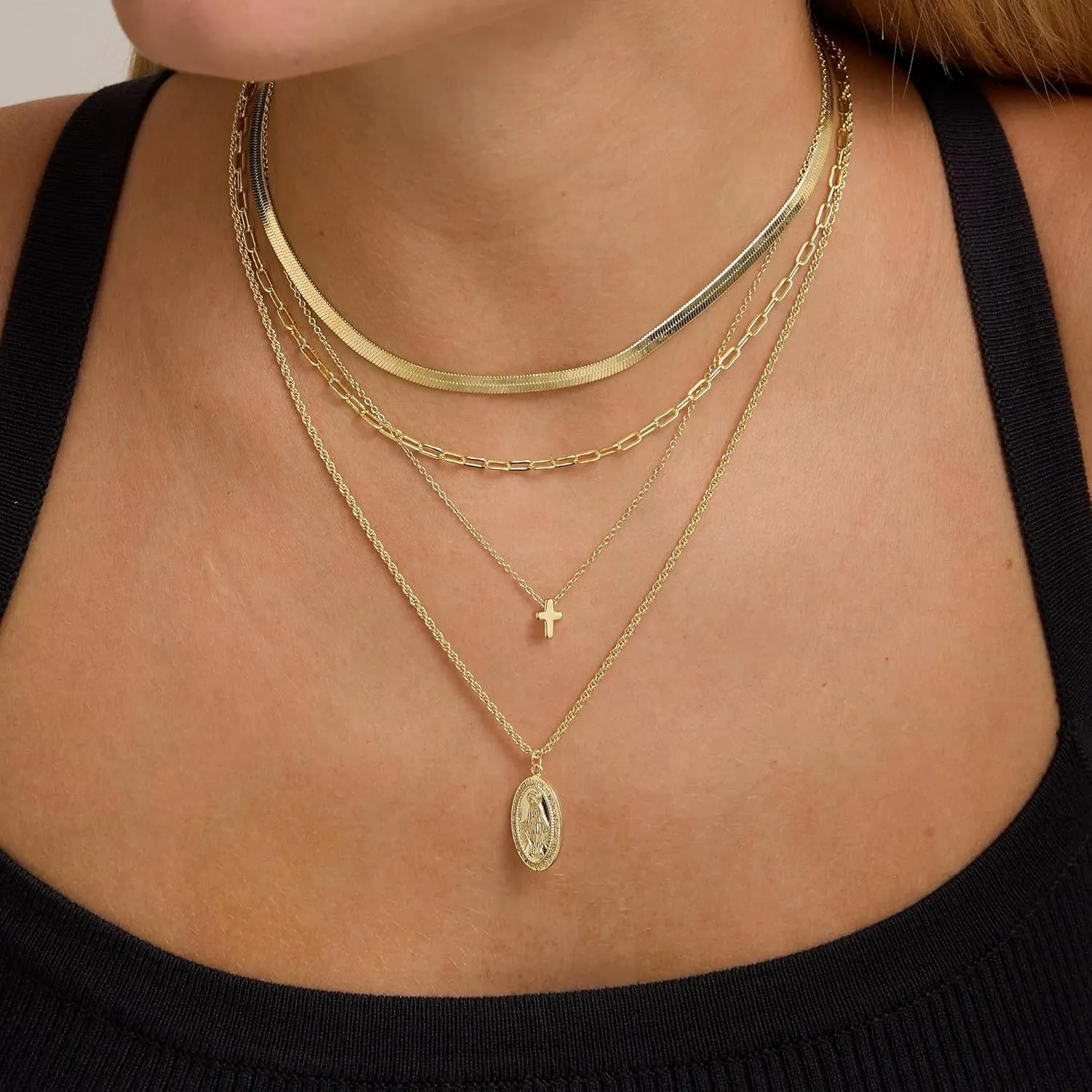 M MOOHAM Cross Necklace for Women Girls, Dainty 14K Real Gold Plated 3D Cross Pendant Necklace Sideways Cross Choker Layered Cross Necklace for Women Girls