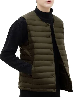 Maiyifu-GJ Men Collarless Padded Down Vest V-Neck Button Quilted Thicken Vest Coat Lightweight Winter Warm Sleeveless Jacket
