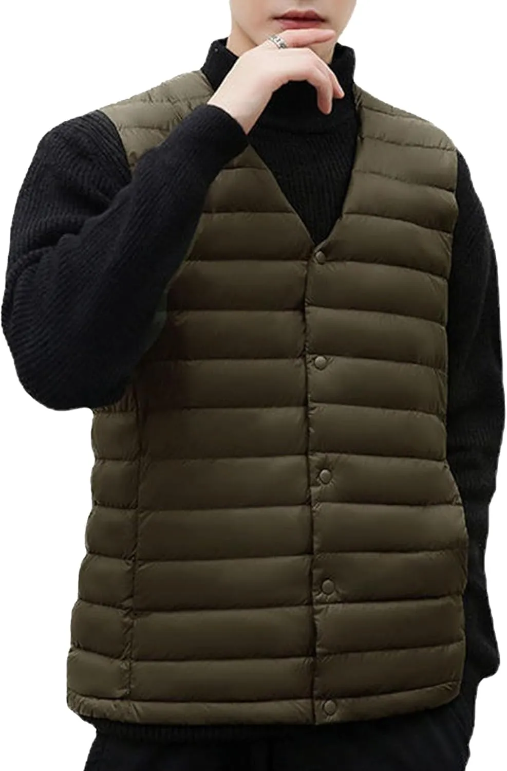 Maiyifu-GJ Men Collarless Padded Down Vest V-Neck Button Quilted Thicken Vest Coat Lightweight Winter Warm Sleeveless Jacket