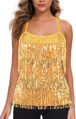 MANER Womens Sequin Fringe Top Sparkly Party Tank Top Tassel Trim Cami