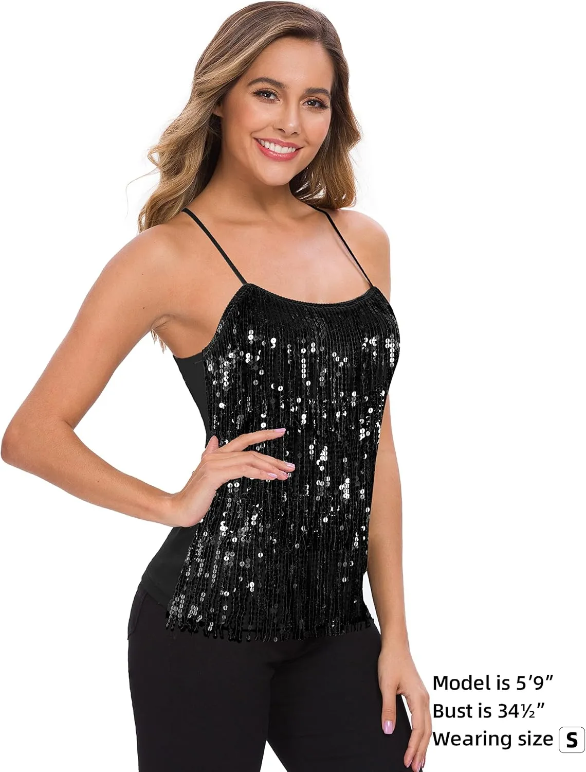 MANER Womens Sequin Fringe Top Sparkly Party Tank Top Tassel Trim Cami