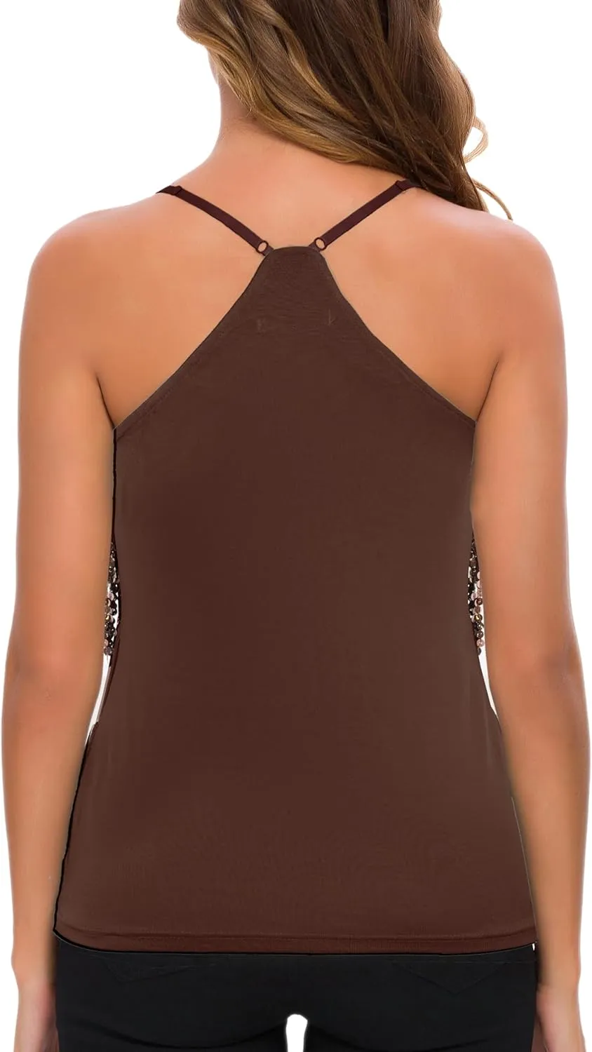 MANER Womens Sequin Fringe Top Sparkly Party Tank Top Tassel Trim Cami